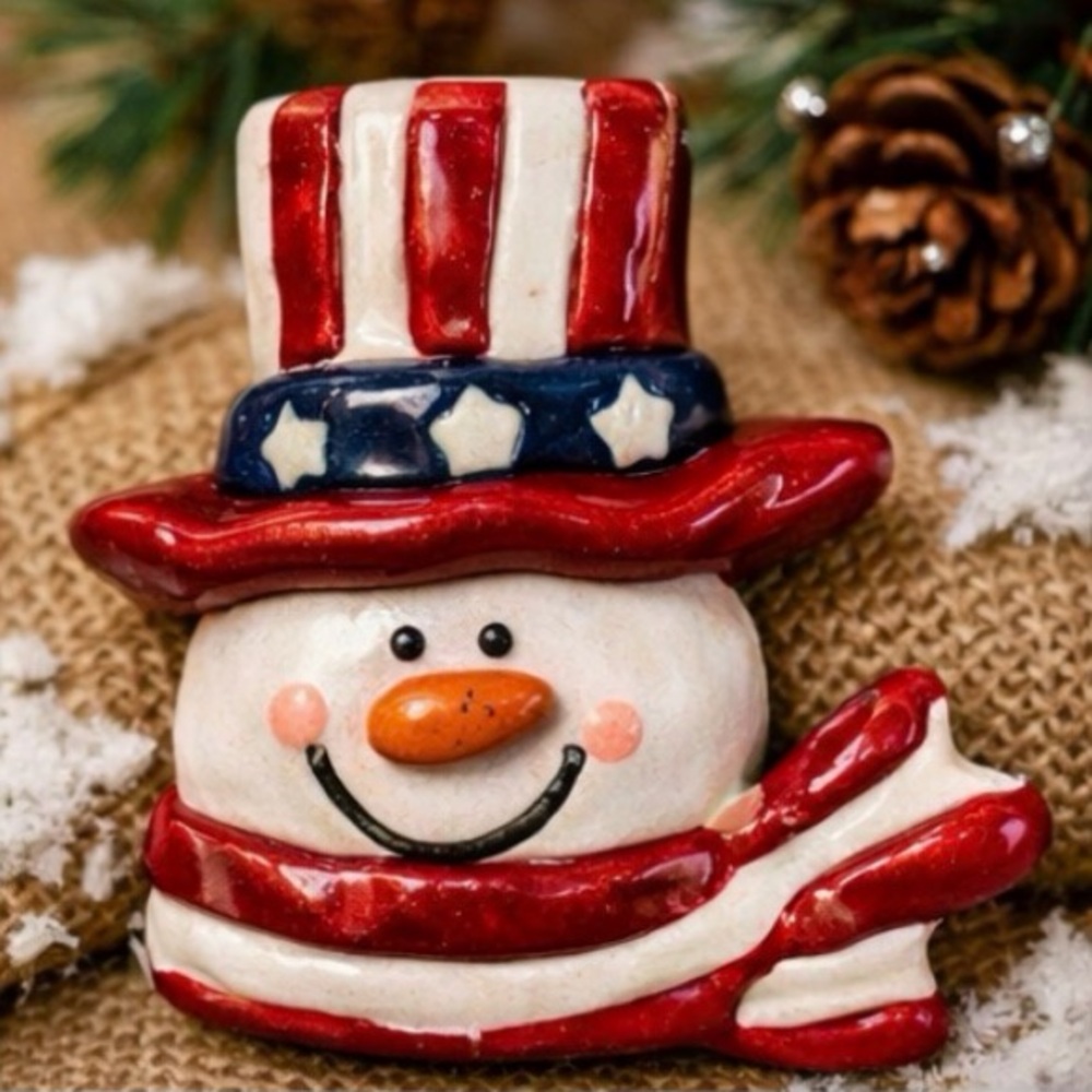 Artisan Clay Snowman Ornament Patriotic American Signed Hand Painted Folk Art
